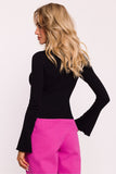 Elegant Ribbed Cotton Knit Fitted Blouse with Long Sleeves