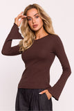 Elegant Ribbed Cotton Knit Fitted Blouse with Long Sleeves