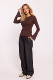 Elegant Ribbed Cotton Knit Fitted Blouse with Long Sleeves