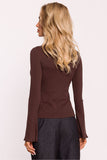 Elegant Ribbed Cotton Knit Fitted Blouse with Long Sleeves