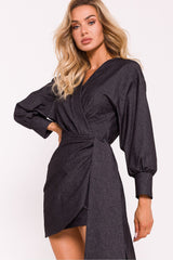 Asymmetrical Wrap Mini Dress with Long Sleeves - grey / S