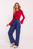 Elegant Wide-Leg Cotton Pants with Darts and Pockets