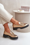 Elegant Natural Leather Moccasins with Chunky Heel