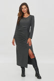 Elegant mid-calf dress with unique details and flattering fit.