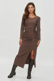 Elegant mid-calf dress with fitted silhouette and unique details.