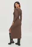 Elegant mid-calf dress with fitted silhouette and unique details.