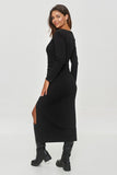 Elegant mid-calf dress with unique gathers and a front slit.