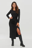 Elegant mid-calf dress with unique gathers and a front slit.