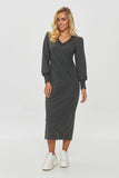 Elegant midi dress with soft, stretchy comfort and style.