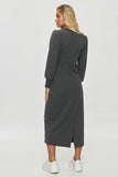 Elegant midi dress with soft, stretchy comfort and style.