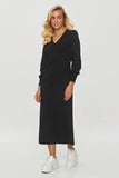 Elegant midi dress with subtle slit and comfortable fit.