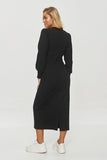 Elegant midi dress with subtle slit and comfortable fit.