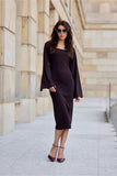 Elegant Midi Dress with Square Neckline and Flared Sleeves