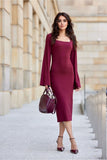 Elegant Midi Dress with Square Neckline and Flared Sleeves
