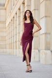 Elegant Midi Dress with Slit and Versatile Decorative Rose