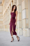 Elegant Midi Dress with Slit and Versatile Decorative Rose
