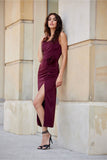 Elegant Midi Dress with Slit and Versatile Decorative Rose