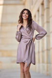 Elegant Satin Wrap Dress with Puffy Sleeves for Any Occasion