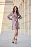 Elegant Satin Wrap Dress with Puffy Sleeves for Any Occasion