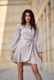 Elegant Satin Wrap Dress with Puffy Sleeves and Mini Length