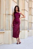 Elegant Satin Midi Dress with Unique Side Gathering & Slit