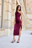 Elegant Satin Midi Dress with Unique Side Gathering & Slit