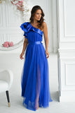 Elegant Women's Long Dress with High Slit & Satin Ruffle