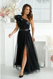 Elegant High Slit Mesh Dress with Satin Ruffle Detail