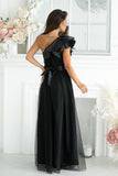 Elegant High Slit Mesh Dress with Satin Ruffle Detail