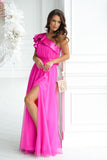 Elegant Women's Long Dress with High Slit and Ruffle Detail