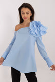 Elegant Cotton Blouse with Brooch and Asymmetrical Neckline