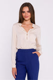 Chic Satin Blouse with Stand-Up Collar and Pocket Detail