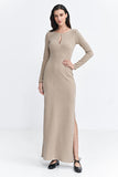 Elegant Ribbed Knit Fit-and-Flare Maxi Dress with Slit