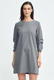 Elegant A-Line Dress with Pleated Sleeves and Stripes