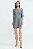 Elegant A-Line Dress with Pleated Sleeves and Stripes