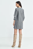 Elegant A-Line Dress with Pleated Sleeves and Stripes