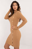 Elegant Knitted Pencil Dress with Half Turtleneck & Buttons