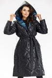 Elegant Black Quilted Long Coat with Hood and Waist Belt