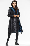 Elegant Black Quilted Long Coat with Hood and Waist Belt