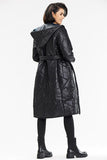Elegant Black Quilted Long Coat with Hood and Waist Belt