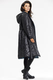 Elegant Black Quilted Long Coat with Hood and Waist Belt