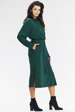 Modern Green Kimono Midi Dress with Turtleneck & Long Sleeves