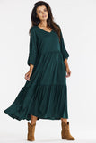 Elegant Green Loose Kimono Maxi Dress with Ruffle Hem