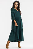 Elegant Green Loose Kimono Maxi Dress with Ruffle Hem