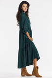 Elegant Green Loose Kimono Maxi Dress with Ruffle Hem
