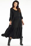 Elegant Black Kimono Maxi Dress with Ruffle Hem and V Neck