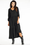 Elegant Black Kimono Maxi Dress with Ruffle Hem and V Neck