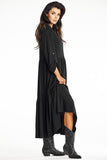Elegant Black Kimono Maxi Dress with Ruffle Hem and V Neck