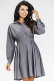 Elegant Gray Flared Shirt Dress for Formal Occasions
