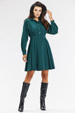 Elegant Green Flared Dress with Button Closure and Collar